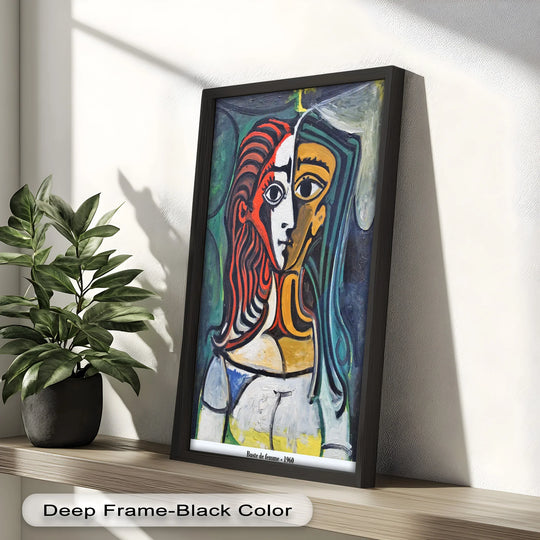 Alternating bands of color and form create a visual rhythm in this Dual Gaze – Buste de Femme Inspired Picasso oil painting, offering a stunning piece of oil painting home decor.