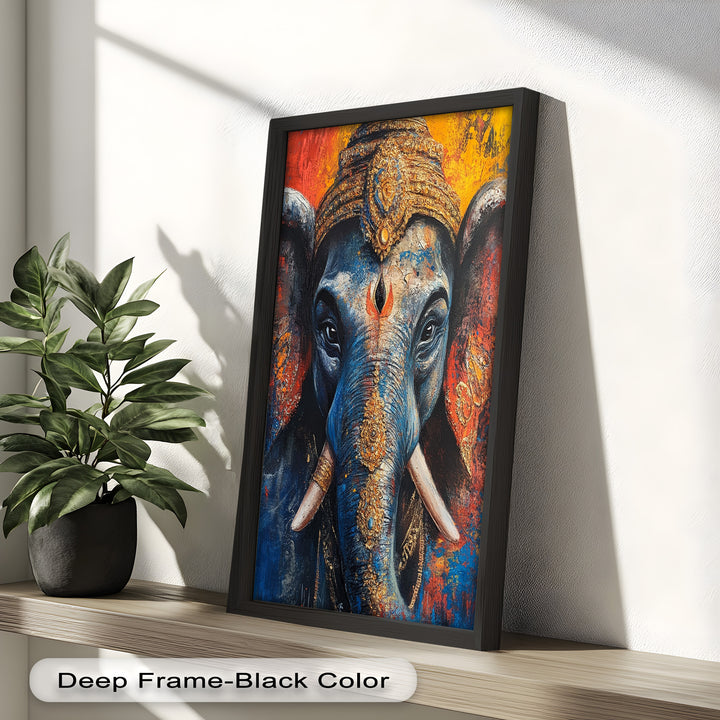 An expressive artwork of Lord Ganesha, blending spiritual symbolism with dramatic color and ornate gold textures.