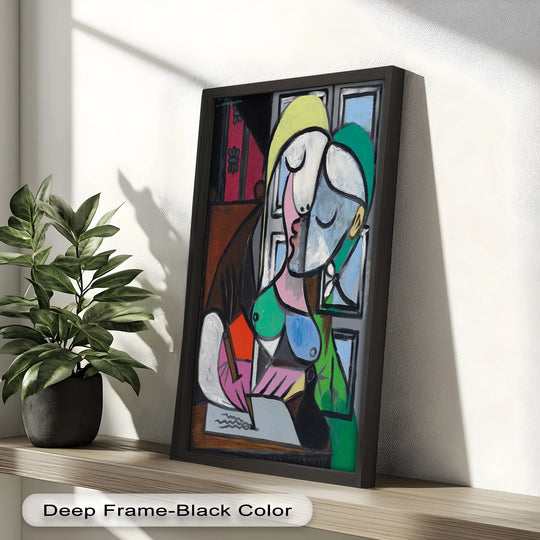 Flowing brushstrokes in this cubist-inspired 'Dreaming Scribe' oil painting decoration create a sense of movement, capturing the artist's energy as the woman writes by the window.