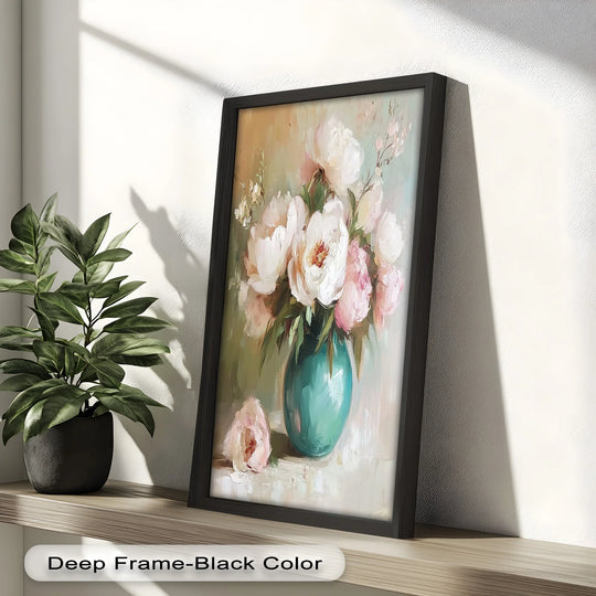 Delicate brushstrokes highlight the beauty of these blushing peonies, making this flower oil painting reproduction print a romantic statement piece.