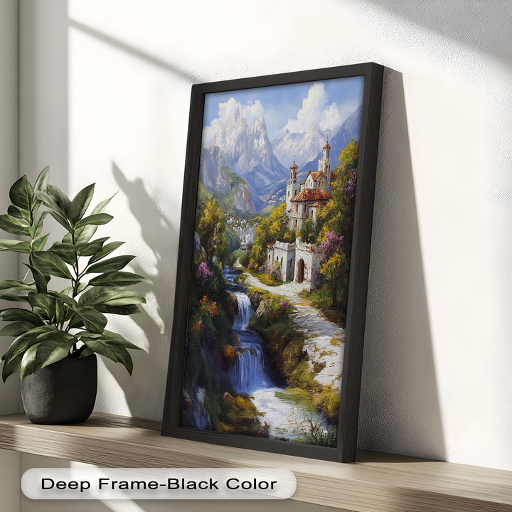 Mountain Abbey by the Falls – Serene Renaissance Oil Painting
