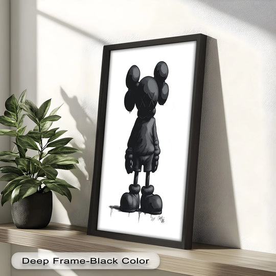 Alternating between solid black form and negative space, the KAWS silhouette evokes a distinct visual rhythm in this oil painting home decor piece.