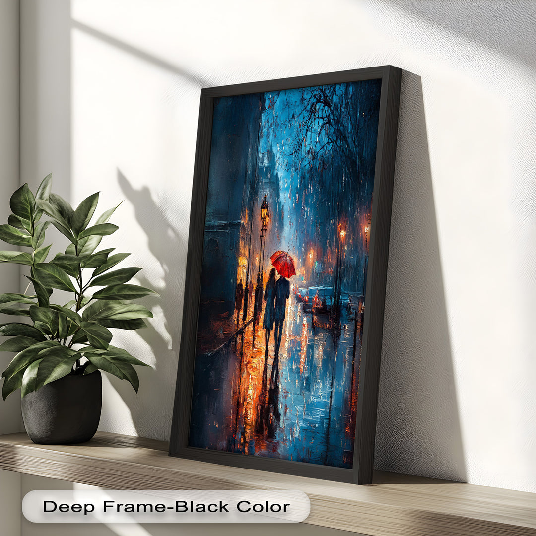 Lovers in the Rain – Romantic Night Street Oil Painting