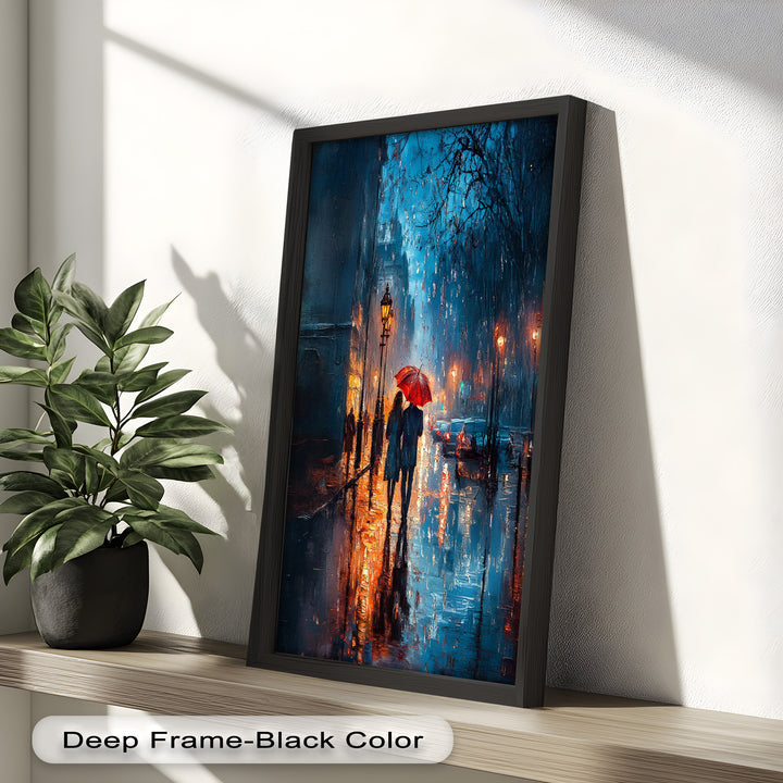 Lovers in the Rain – Romantic Night Street Oil Painting