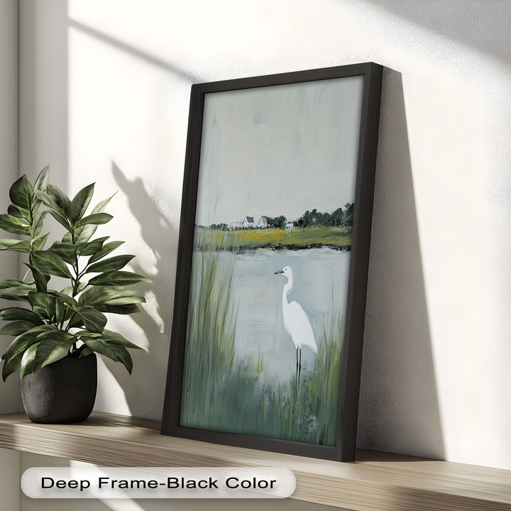Egret by the Marsh – Minimalist Landscape Oil Painting