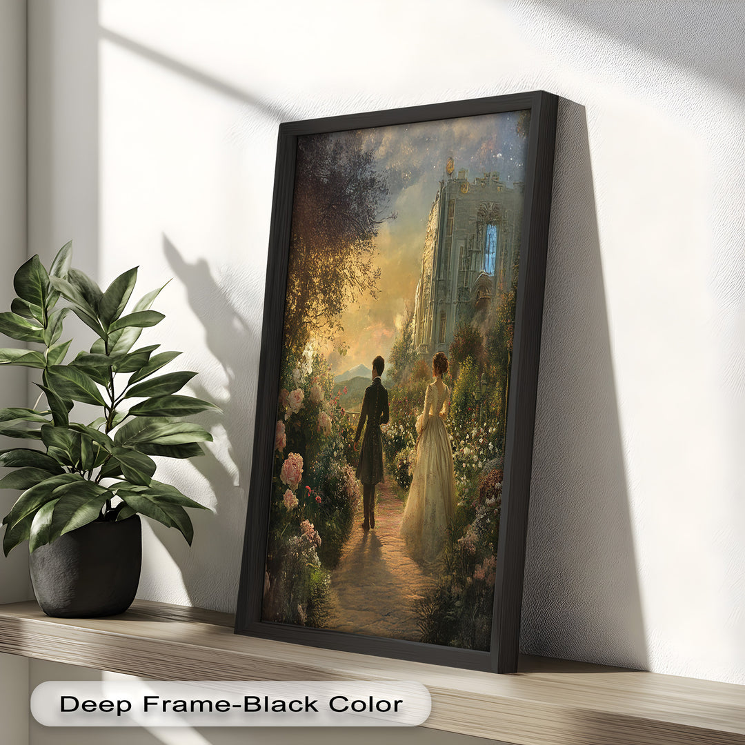 Victorian Lovers at Twilight – Romantic Garden Walk Oil Painting