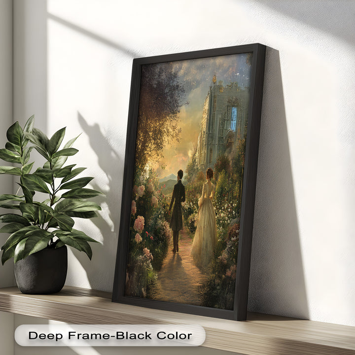 Victorian Lovers at Twilight – Romantic Garden Walk Oil Painting