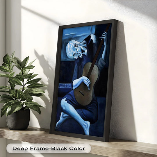 Cool color temperature dominates this oil painting home decor, featuring a blue period-inspired guitarist with melancholy strings in a deep blue color palette.