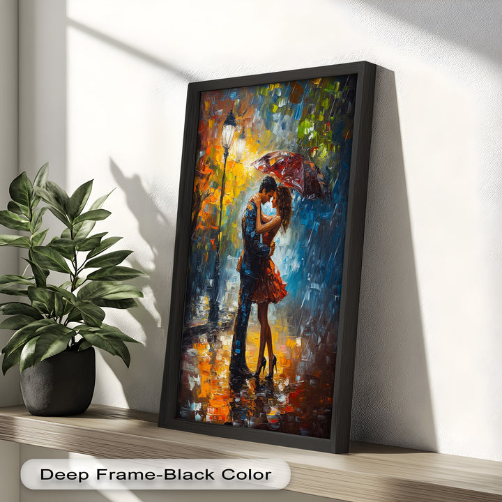 Evening Embrace – Romantic Rainy Street Scene Love Oil Painting