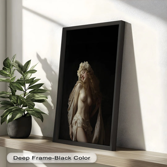A stark black backdrop emphasizes the nude figure in this moonlit reverie oil painting artwork, enhanced by a soft glow that highlights her floral crown.