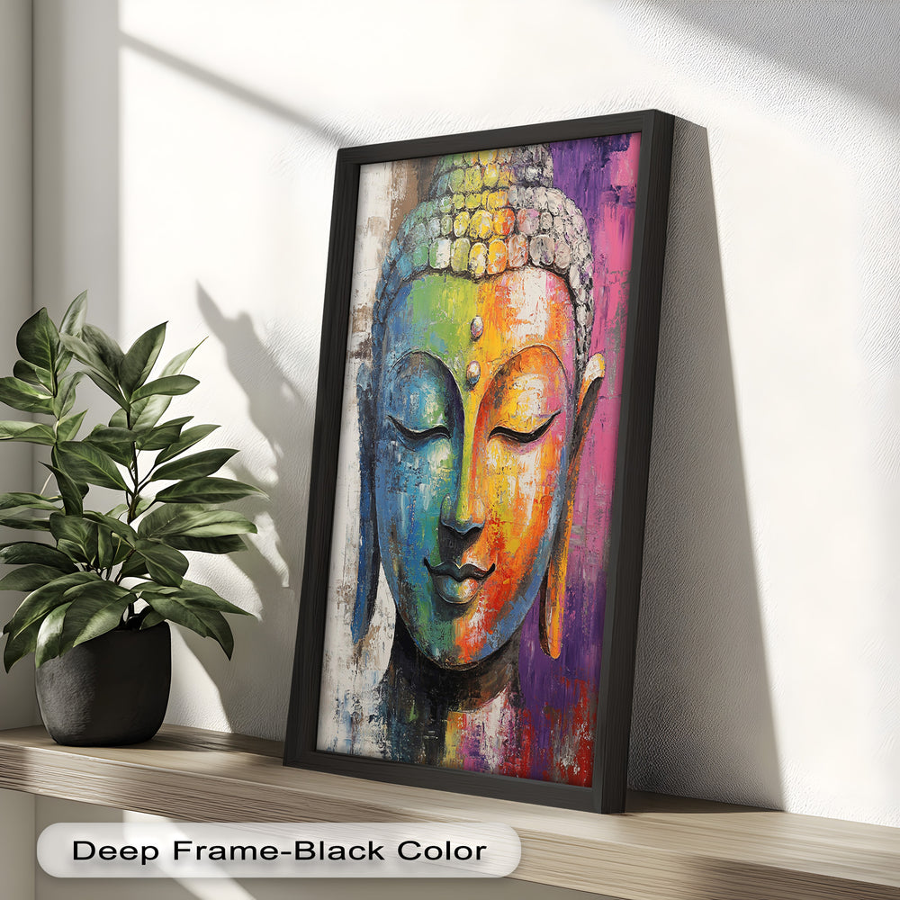 A modern, multicolored Buddha face artwork blending vivid shades of blue, orange, pink, and yellow in expressive brushstrokes.