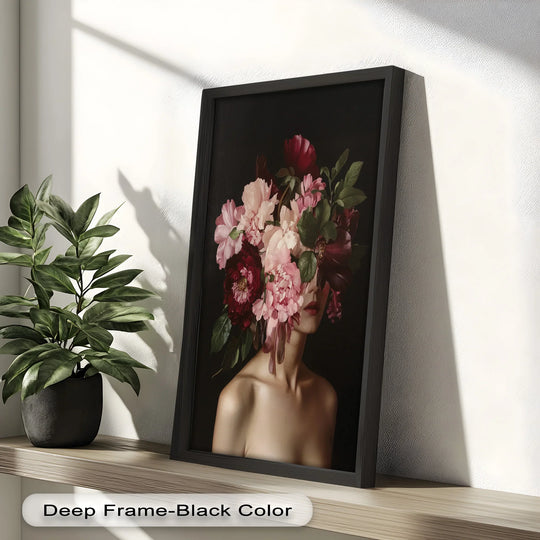 Soft blush-colored peonies and roses comprise the blossom veil, highlighting the romantic nature of this striking oil painting reproduction print.