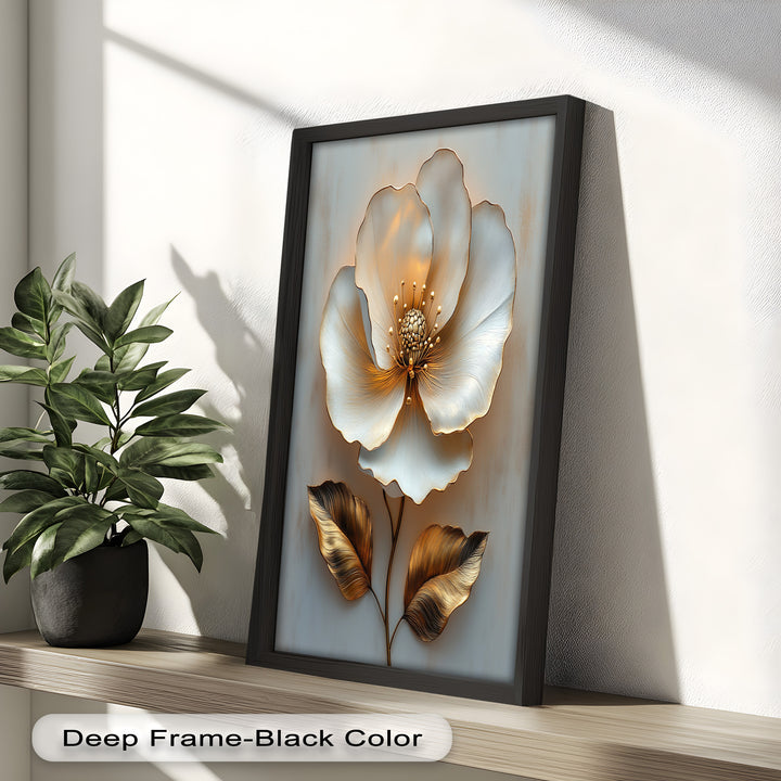 Golden Glow Bloom – White and Gold Flower Oil Painting
