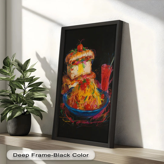 Organic forms create movement throughout this oil painting home decor, featuring a vibrant food painting of a gourmet sandwich and pasta.
