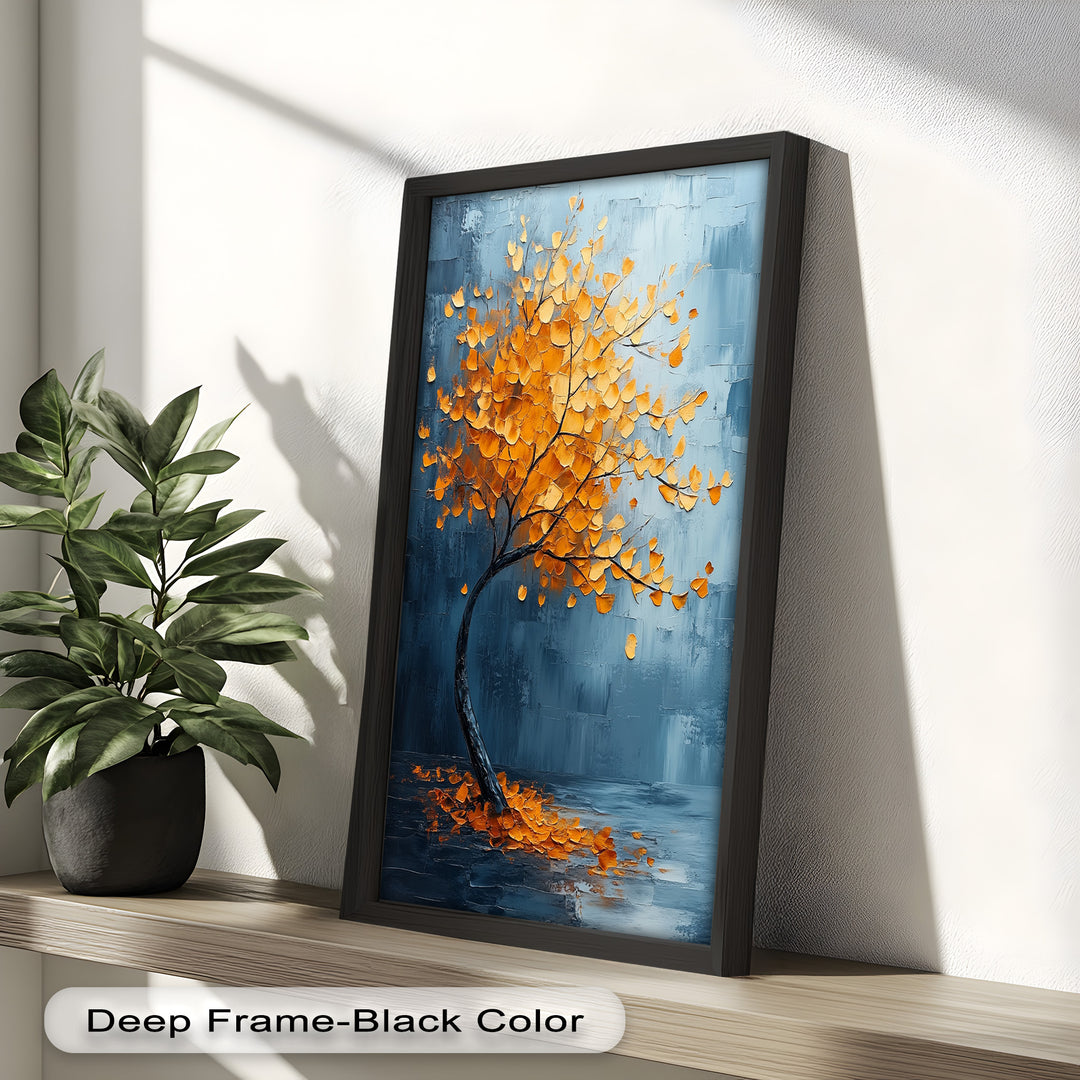Golden Drift – Bernsteinbaum vor blauem abstraktem Ölgemälde