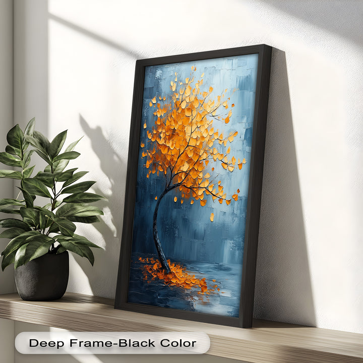 Golden Drift – Bernsteinbaum vor blauem abstraktem Ölgemälde