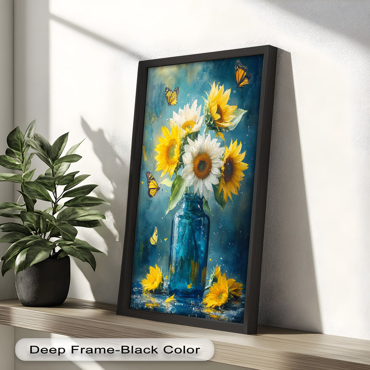Sun-Kissed Radiance – Sunflowers in Blue Jar Flower Oil Painting