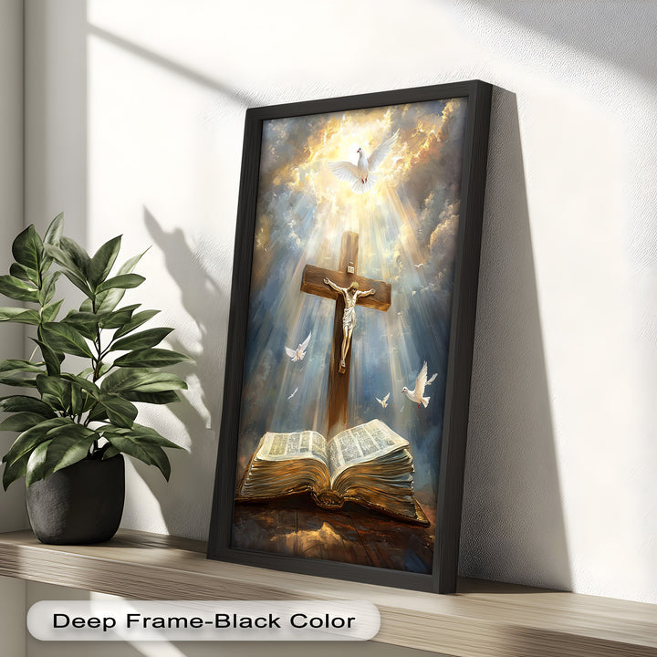 Jesus on the Cross with Open Bible and Doves - Oil Painting