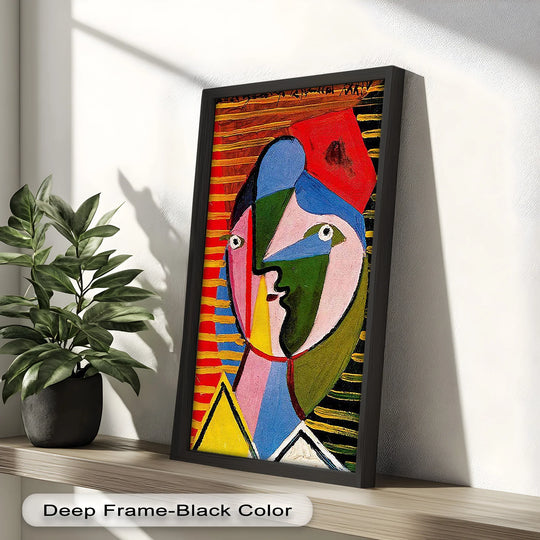 Modern oil painting art showcases the split gaze portrait’s dynamic transition between vibrant colors, highlighting a striking abstract composition.