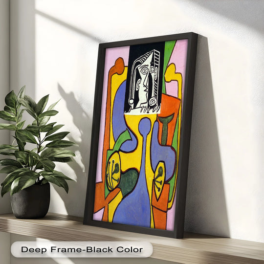 The brightest area highlights the stark white face in this oil painting reproduction print, 'The Mask of Form,' a geometric expression in the style of Picasso.