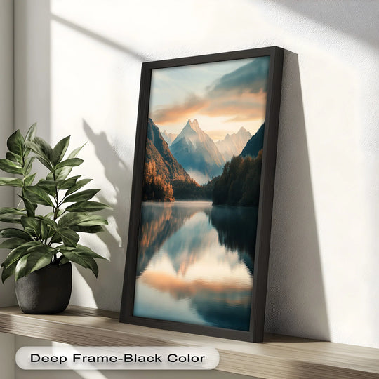 Framing the mountain lake scene, the deep black edge provides a striking border for this Hudson River style oil painting home decor.