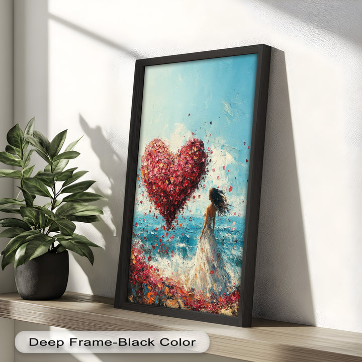 Woman with Heart-Shaped Petals Over the Sea - Love Oil Painting