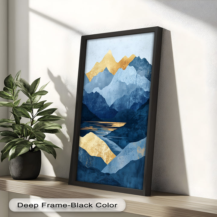 Golden Horizon – Abstract Blue Mountain Landscape Oil Painting