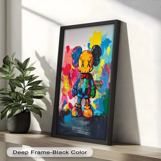 Sunlight creates contrasting light and shadow across this vibrant Color Riot Companion KAWS oil painting decoration, highlighting its colorful pop art style.