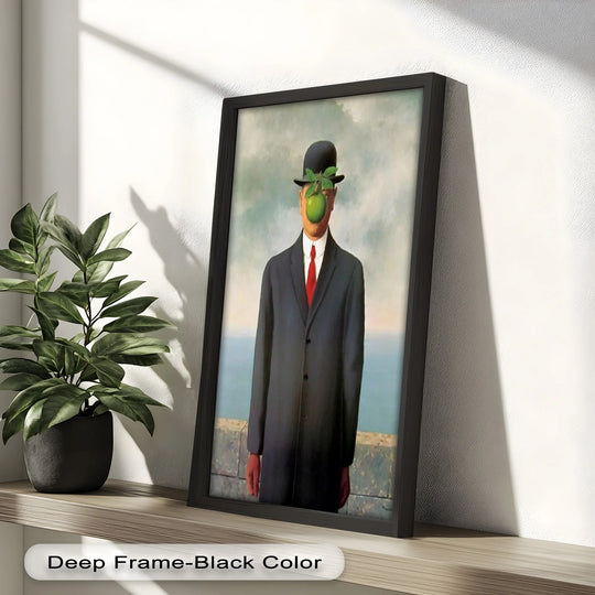 The stillness in this framed oil painting art prints presents a surrealist gentleman, his hidden face now iconic with its poised green apple, evoking profound contemplation.