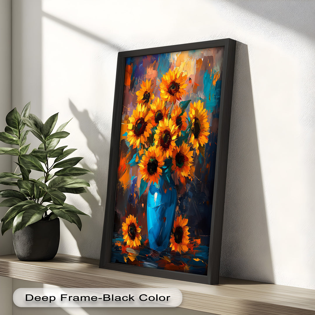 Sunlit Joy – Bold Sunflowers in Blue Vase Oil Painting