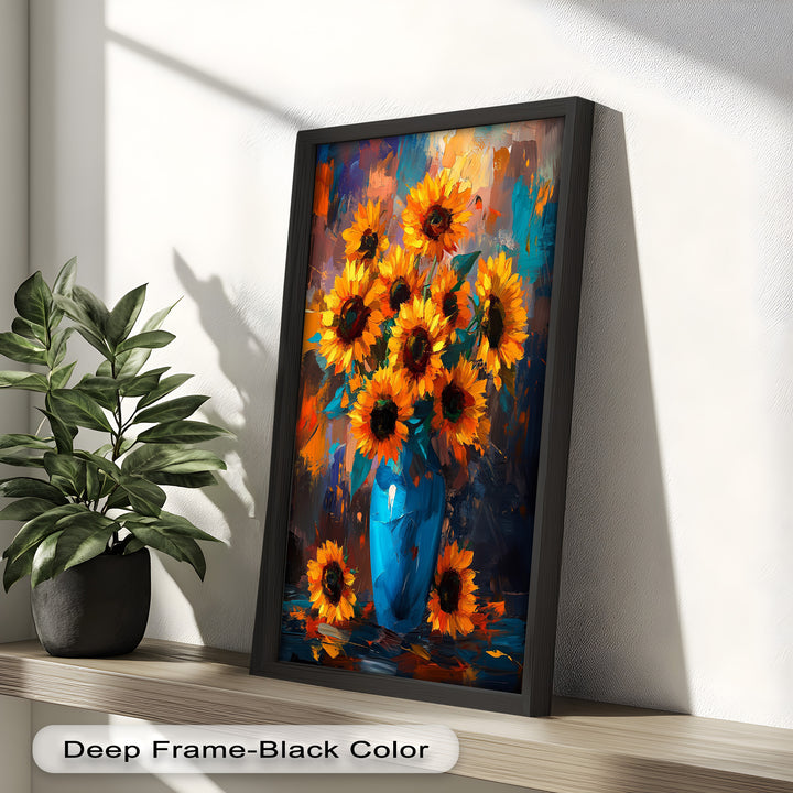 Sunlit Joy – Bold Sunflowers in Blue Vase Oil Painting