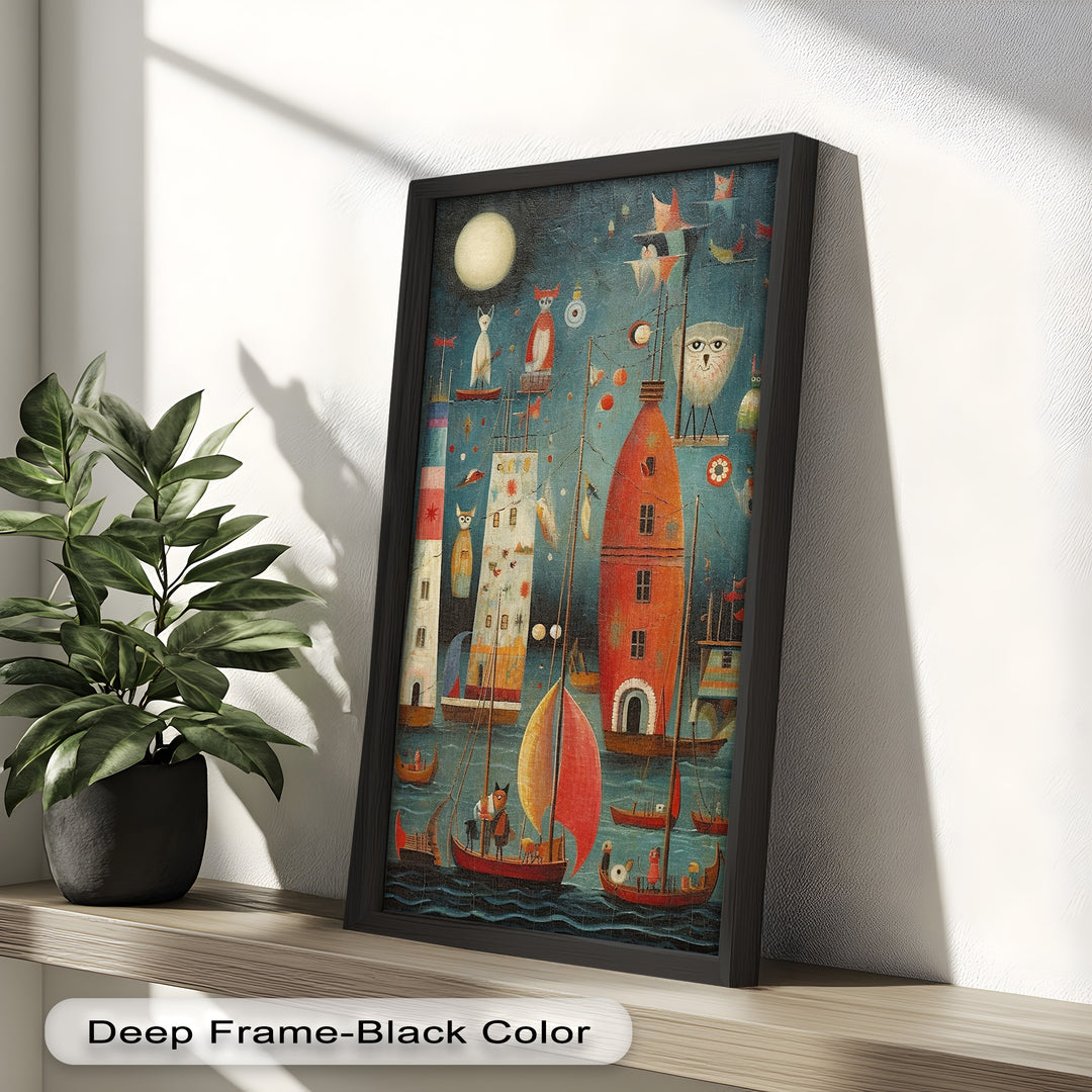 Moonlit Harbor Parade – Surreal Cat and Owl Fantasy Oil Painting