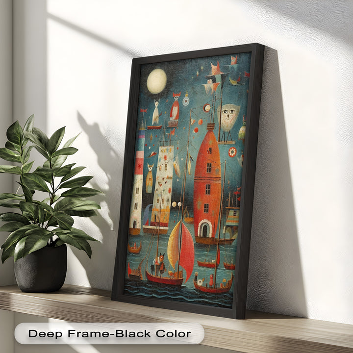 Moonlit Harbor Parade – Surreal Cat and Owl Fantasy Oil Painting