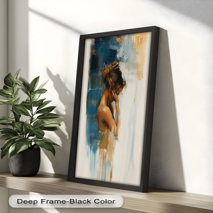 Veil of Thought – Introspective Woman in Blue and Gold Abstract Oil Painting