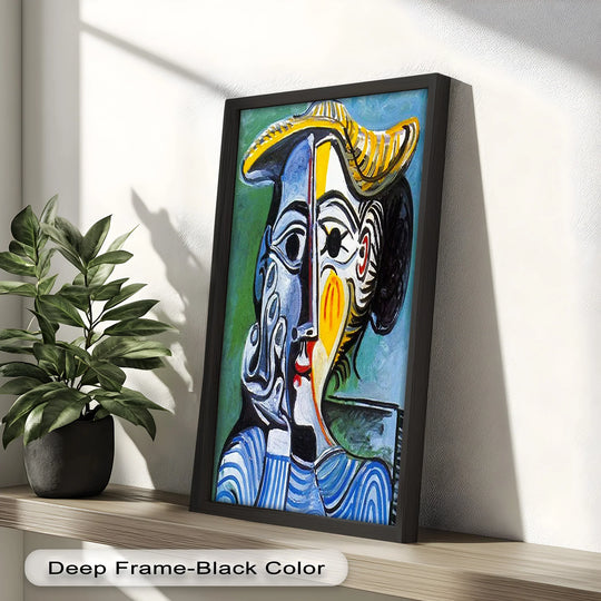 Deep black edge frames the modern oil painting art of a cubist portrait, adding depth and definition to its vibrant, striped composition.