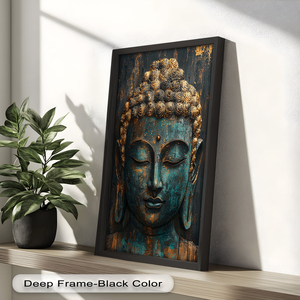 A textured, aged Buddha face painted in deep teal and gold, exuding calm and spiritual harmony.