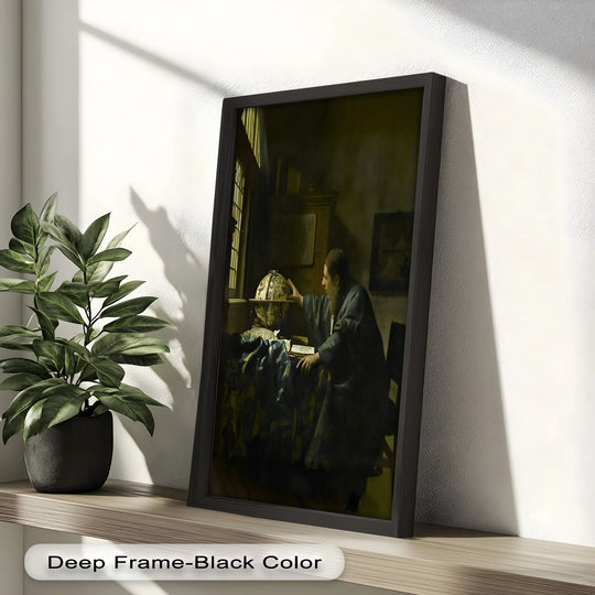 Featuring a dark and muted palette, the dominant color of this modern oil painting art is reflected in the somber tones of 'The Astronomer' historic oil painting.