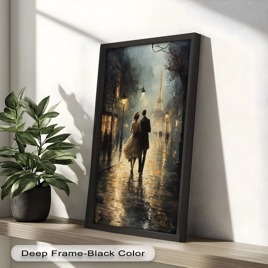 Illuminated by lamplight, the romantic couple in this modern oil painting art piece becomes the loudest element, capturing the warmth and elegance of Parisian nights.