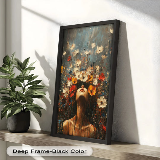 Framed floral rebirth abstract oil painting decoration features a vertical composition where the rectangular frame accentuates the artwork's geometric elements.