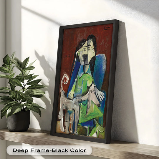 The smooth, blended brushstrokes of this oil painting reproduction print create a soft contrast to the angular forms in the Picasso-inspired 'Woman with Afghan Hound.'
