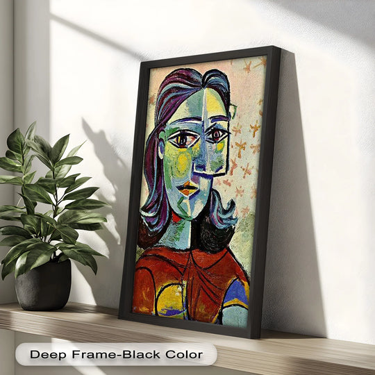 Flowing curves define the subject's colorful face in this oil painting wall art of a woman, contrasting the otherwise fragmented geometry.