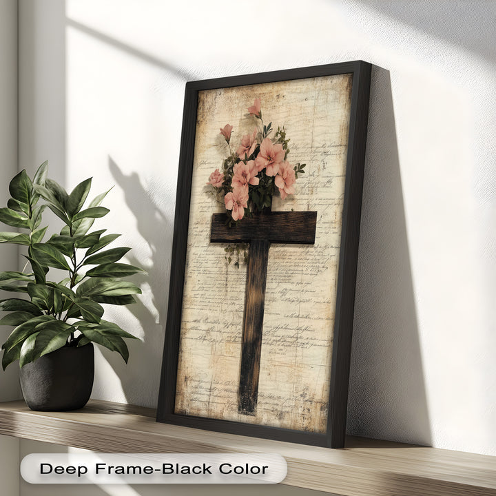 Holzkreuz mit rosa Blüten - Christliches Ölgemälde