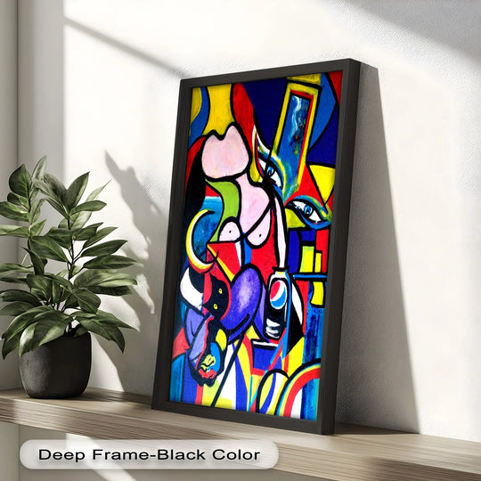 A bold and colorful cubist composition featuring abstracted human forms, expressive eyes, and a Pepsi can amidst dynamic shapes.