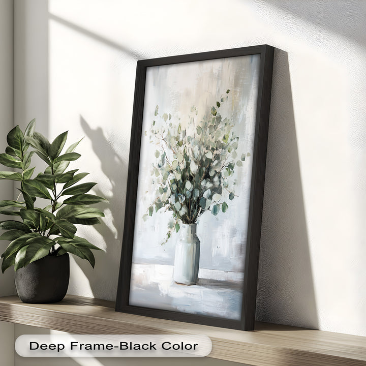 Eucalyptus Essence – Minimalist Greenery in Ceramic Vase Oil Painting