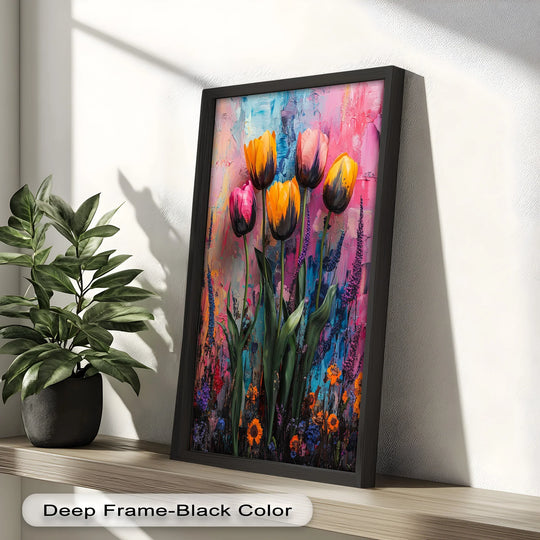 Vertical rectangular colorful tulip garden oil painting decoration presents vibrant flowers and wildflowers on an abstract background.