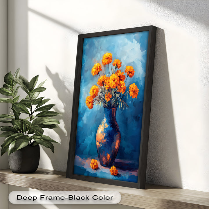 Golden Marigolds in Midnight Blue – Flower Oil Painting