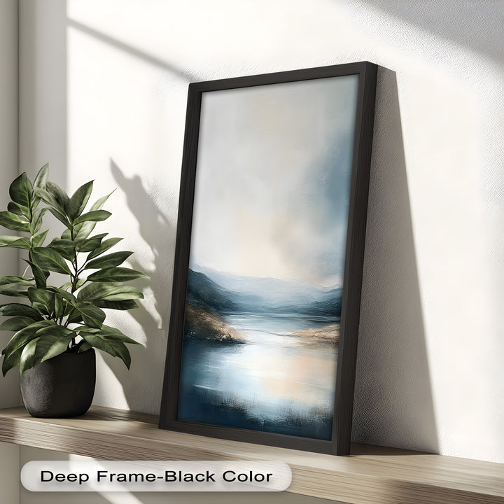 A graceful tribute to untouched landscapes, this artwork captures the soothing essence of water, light, and distant mountains.