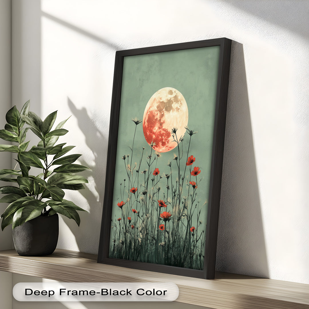 Celestial Wildflowers – Full Moon Over Red Meadow Blooms Oil Painting