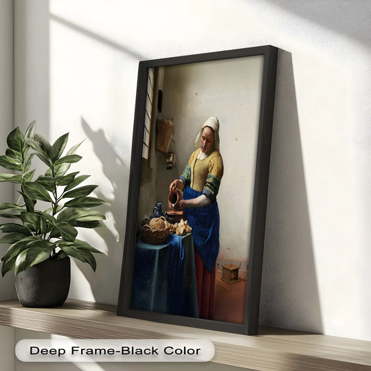 Bathed in light, this framed oil painting reproduction print captures the bright tones of the Milkmaid’s domestic scene, highlighting her golden yellow top and the neutral wall behind.