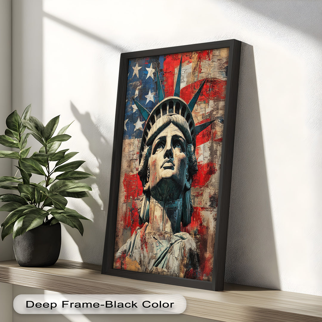 Freiheitsstatue mit amerikanischer Flagge - Patriotisches Ölgemälde